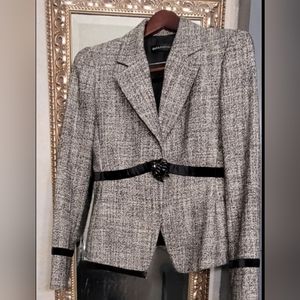 Dana Buchman blazer, grey with black velvet trim and jeweled black broach.
